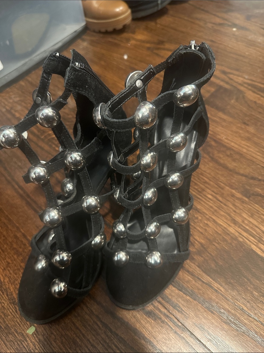 Karl Lagerfeld Black Suede Gladiator Heels with Silver Studs